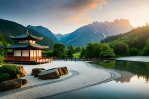 un' giapponese pagoda si siede su il bordo di un' lago circondato di montagne. ai-generato foto