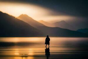 un' uomo in piedi su il riva di un' lago a tramonto. ai-generato foto