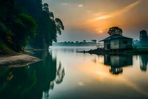 un' piccolo Casa si siede su il banca di un' fiume a Alba. ai-generato foto