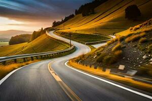 un' avvolgimento strada nel il montagne a tramonto. ai-generato foto