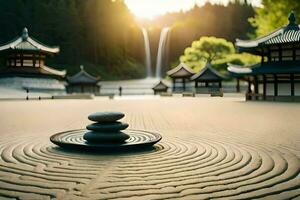 un' zen giardino con pietre e cascate. ai-generato foto