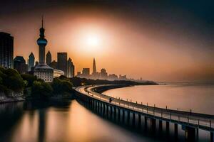 il sole sorge al di sopra di il città orizzonte nel shanghai. ai-generato foto