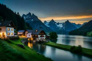 un' lago e case nel il montagne a tramonto. ai-generato foto