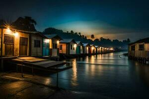 un' riga di di legno case su il acqua a notte. ai-generato foto