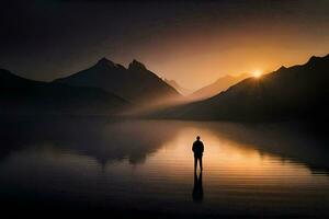 un' uomo in piedi nel il mezzo di un' lago a tramonto. ai-generato foto