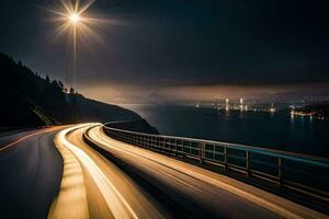 un' lungo esposizione foto di un' autostrada a notte. ai-generato