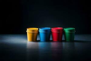 quattro colorato plastica tazze su un' buio superficie. ai-generato foto