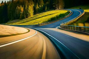 un' auto guida su un' avvolgimento strada nel il montagne. ai-generato foto