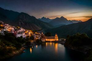 un' piccolo villaggio si siede su il bordo di un' lago a crepuscolo. ai-generato foto