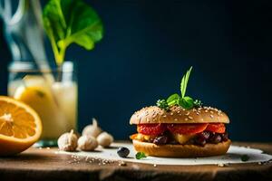 un' Hamburger con verdure e un' bere. ai-generato foto