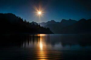il Luna brilla al di sopra di un' lago e montagne. ai-generato foto