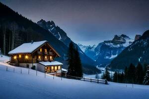 un' cabina nel il montagne a crepuscolo. ai-generato foto