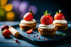 tre cupcakes con fragole su un' nero piatto. ai-generato foto