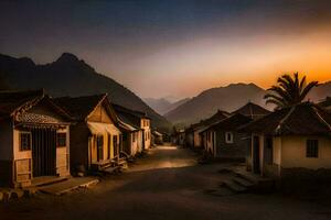 un' villaggio a tramonto nel il montagne. ai-generato foto