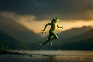 un' rana salto nel il aria al di sopra di un' lago. ai-generato foto