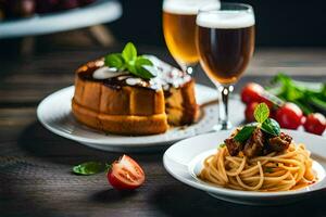 spaghetti e birra su un' di legno tavolo. ai-generato foto