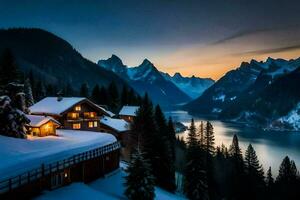 foto sfondo il cielo, montagne, lago, Casa, il montagne, il lago, il Casa. ai-generato