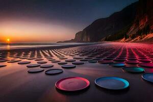 un' spiaggia con colorato piatti su il sabbia. ai-generato foto