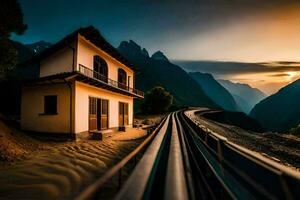 un' Casa si siede su il lato di un' montagna con un' treno traccia. ai-generato foto