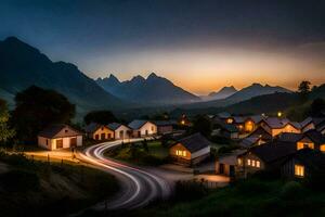 foto sfondo il cielo, montagne, strada, il villaggio, il strada, il villaggio, il. ai-generato