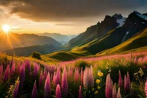 il sole sorge al di sopra di il montagne e il fiori fioritura nel il valle. ai-generato foto