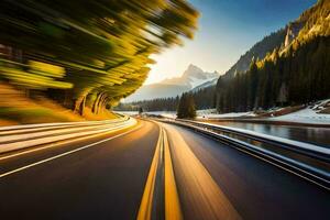 un' auto guida su un' strada nel il montagne. ai-generato foto