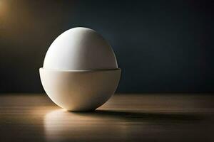 un uovo seduta nel un uovo tazza su un' tavolo. ai-generato foto