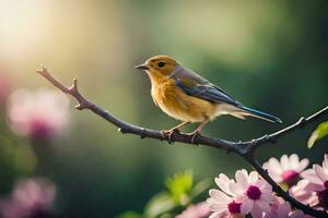 un' uccello si siede su un' ramo con rosa fiori. ai-generato foto