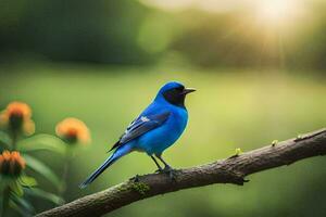 un' blu uccello si siede su un' ramo nel il sole. ai-generato foto