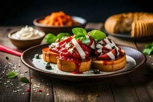 fragola e feta formaggio crostini con menta le foglie e pane su un' di legno tavolo. ai-generato foto