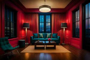 un' vivente camera con rosso muri e un' blu divano. ai-generato foto