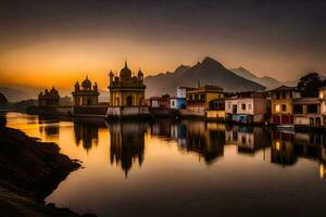 il sole imposta al di sopra di il città di Jaipur, India. ai-generato foto