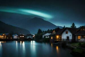 foto sfondo il cielo, notte, il montagne, il lago, il case, il luci,. ai-generato