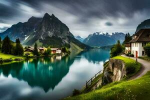 un' lago e montagne nel il sfondo. ai-generato foto