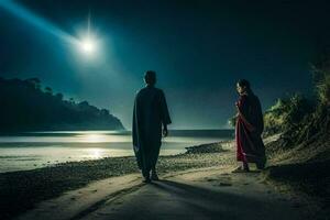 Due persone a piedi lungo il spiaggia a notte. ai-generato foto