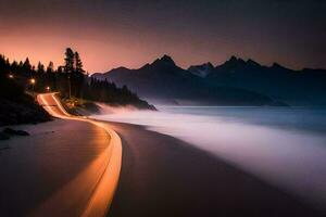 un' lungo esposizione fotografia di un' strada e montagne a tramonto. ai-generato foto