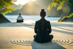 un' donna nel un' completo da uomo Meditare su il spiaggia. ai-generato foto