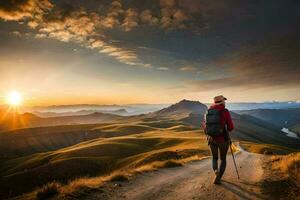 un' escursionista passeggiate lungo un' sporco strada nel il montagne. ai-generato foto