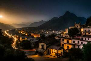 il Luna sorge al di sopra di un' cittadina nel il montagne. ai-generato foto