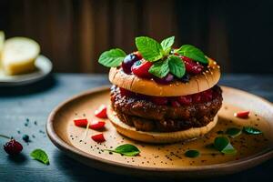 un' Hamburger con frutti di bosco e formaggio su un' piatto. ai-generato foto