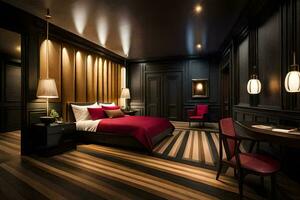 un' Camera da letto con nero muri e legna piani. ai-generato foto