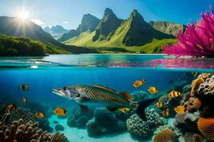 pesce nuoto nel il oceano con corallo barriere e montagne. ai-generato foto