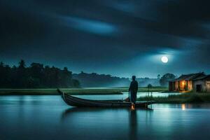 un' uomo nel un' barca su il acqua a notte. ai-generato foto