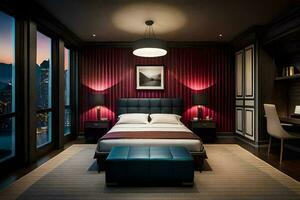 un' Camera da letto con un' rosso accento parete e un' letto. ai-generato foto