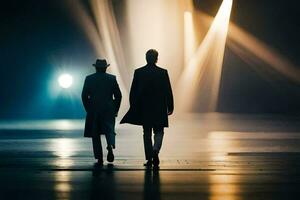 Due uomini a piedi nel il buio con luci splendente su loro. ai-generato foto