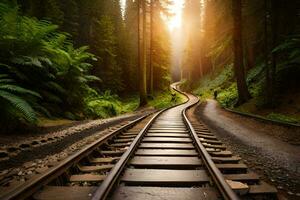 un' treno traccia nel il foresta con il sole splendente attraverso. ai-generato foto
