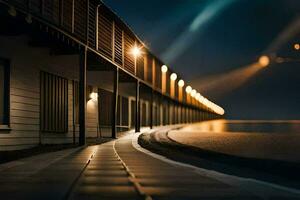 un' lungo passerella lungo il lato di un' edificio a notte. ai-generato foto