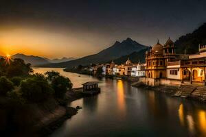 il sole imposta al di sopra di il città di udaipur, India. ai-generato foto