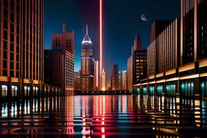 un' città a notte con un' rosso leggero splendente nel il cielo. ai-generato foto