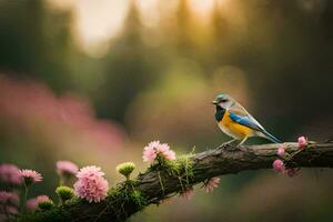 foto sfondo natura, uccello, fiori, il sole, molla, il foresta, il uccello,. ai-generato